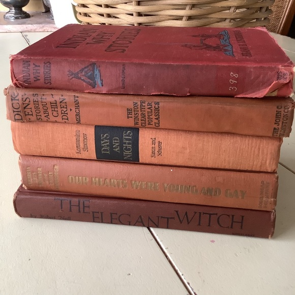 Antique Other - Antique Book Bundle Group Moody Red Hues Terracotta Shelf Decor